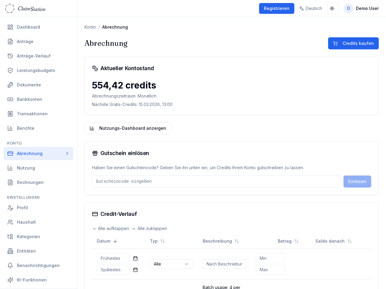 ClaimStation Abrechnungsseite